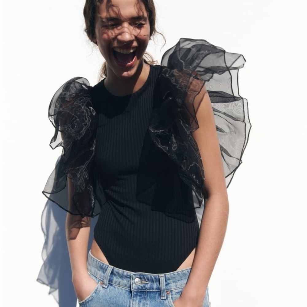 Zara tulle ruffled black rubbed bodysuit sleeveless top - Picture 2 of 4